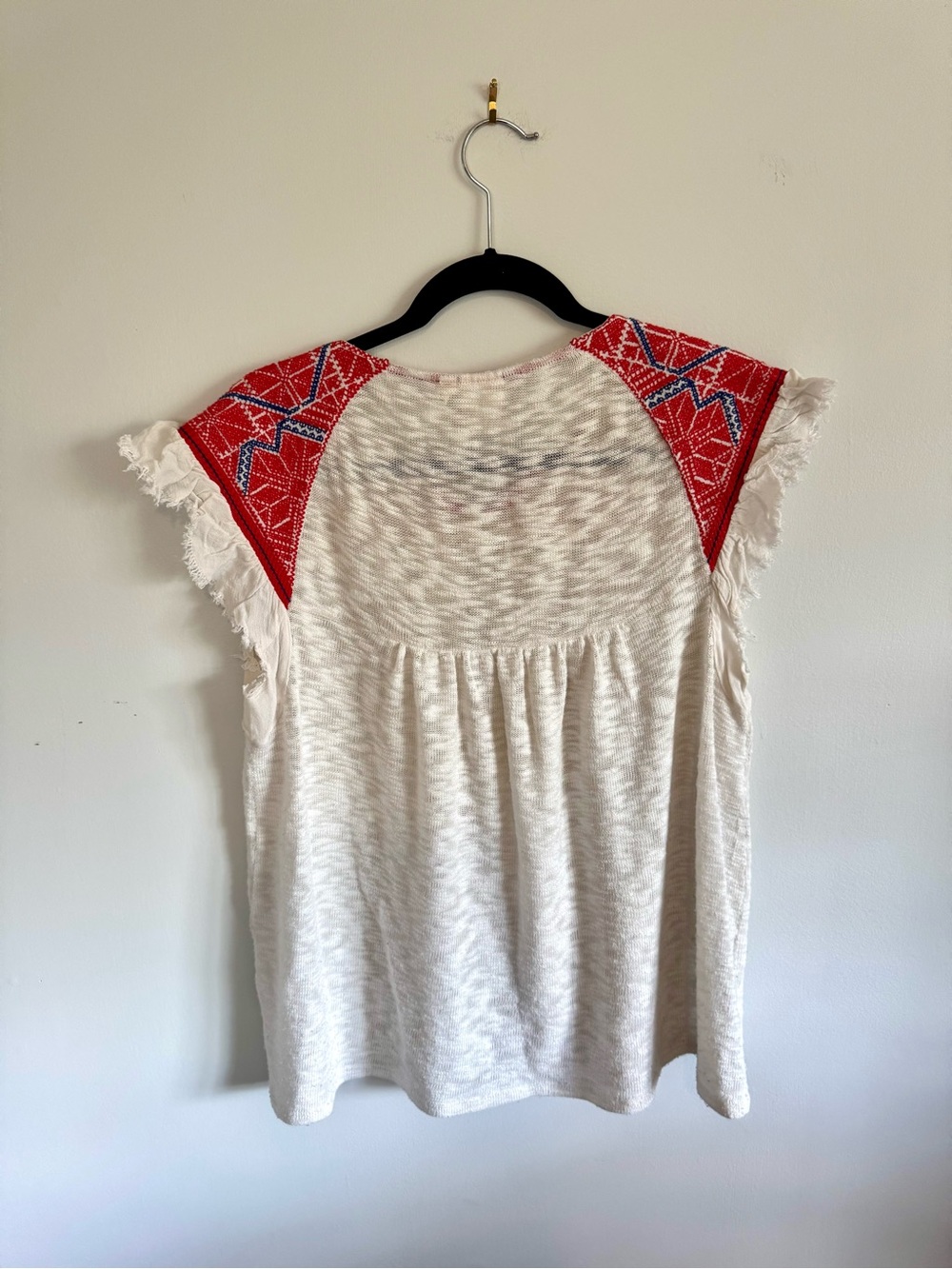 One September by Anthropologie Burnout Slub-knit Top w/ Red Embroidered Yoke - Picture 3 of 8
